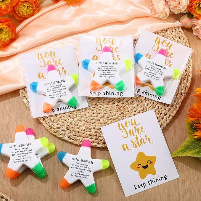 24 Sets Back to School Gifts for Students Star Highlighters with You're a Star Cards Gift Bags 5 in 1 Fluorescent Pens Affirmation Gifts for First Day of School Party Favor (Reminder)