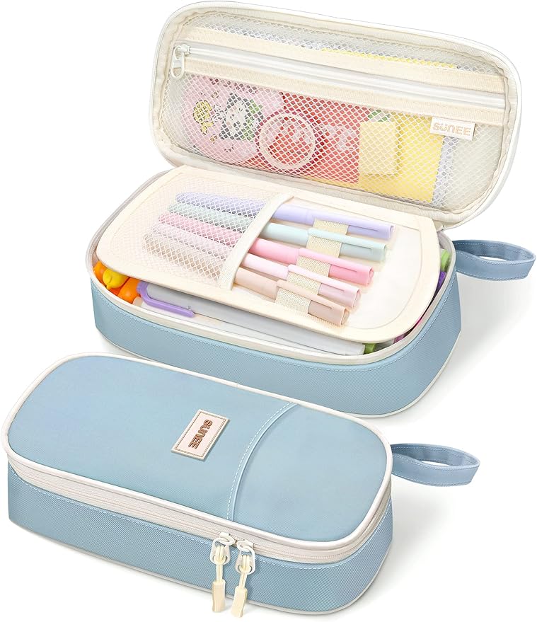 SUNEE Cute Pencil Case, Aesthetic Pen Pouch, Colored Large Pencil Bag with Zipper, Kawaii Stationery Storage and Organizer, School Supplies for Teen and Adult Girls, Blue