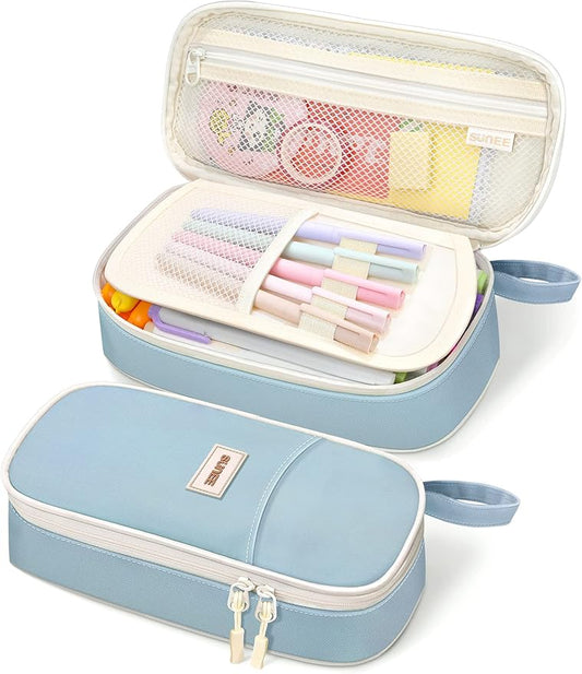 SUNEE Cute Pencil Case, Aesthetic Pen Pouch, Colored Large Pencil Bag with Zipper, Kawaii Stationery Storage and Organizer, School Supplies for Teen and Adult Girls, Blue