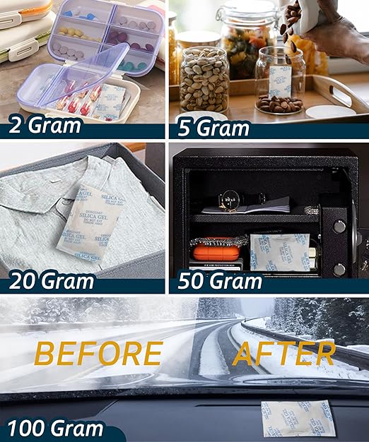 Premium 50 Gram 20 Pcs Desiccant Silica Gel Packets with Color Indicating - Rechargeable Moisture Absorbers for Food Grade Silica Packets for Foods, Seeds, 3D Filaments, Electronics, Safes
