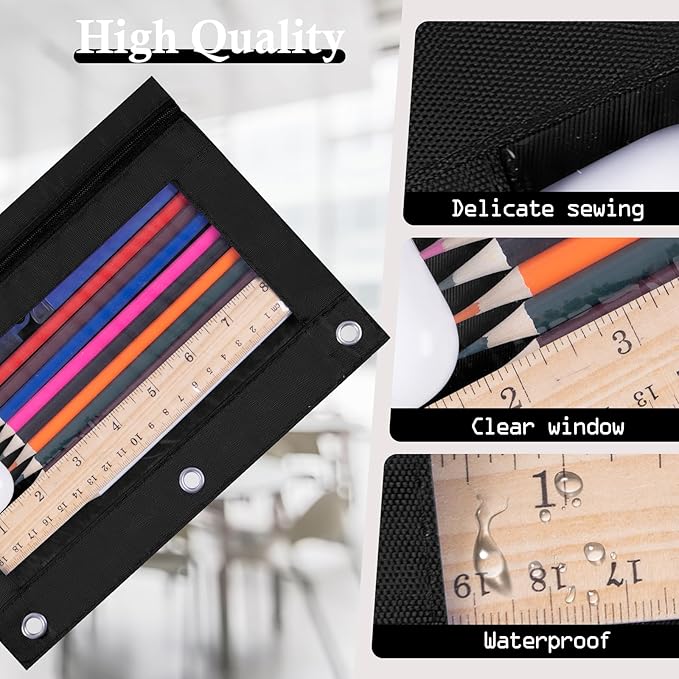 YoeeJob 60 Pack Zipper Pencil Pouch for 3 Ring Binder with Clear Window for School and Office Supplies (Black)