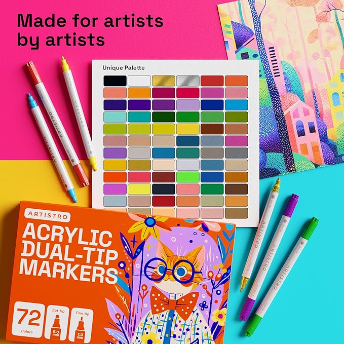 ARTISTRO Vibrant Acrylic Paint Markers for Rock, Fabric, Glass, Wood, Paper, Ceramic, Canvas & More - 72 Dual-Tip Paint Pens (Dot & Fine) - Quick Dry, Teacher Classrooms Must Have, Drawing Markers