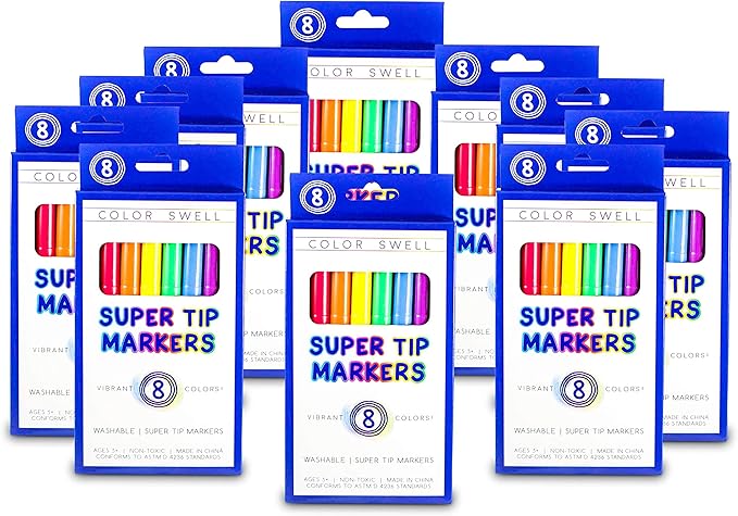 Color Swell Super Tip Washable Bulk Marers Pack 10 Boxes of 8 Vibrant Colors (80 Total)