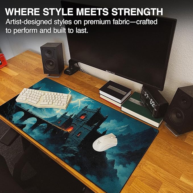 MPCO. Dark Fantasy Large Gaming Desk Pad - 36" x 17" Aeroglyde Fabric Thunder’s Wrath Keep Desk Mats - Non-slip, Washable, Smooth Glide for Precision Gaming & Work