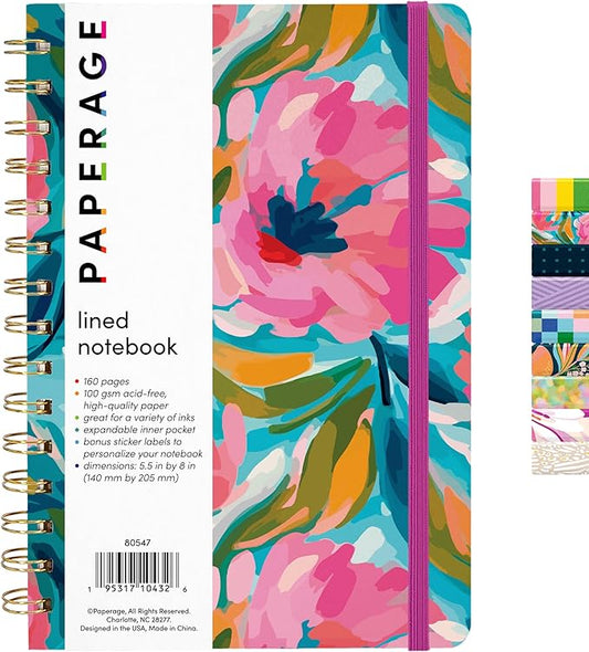 PAPERAGE Lined Spiral Journal Notebook, (Painted Floral), 160 Pages, Hardcover Journal for Women & Men, Medium 5.5 in x 8 in - 100 GSM, Thick Paper, Spiral Notebook for Work, School & Journaling