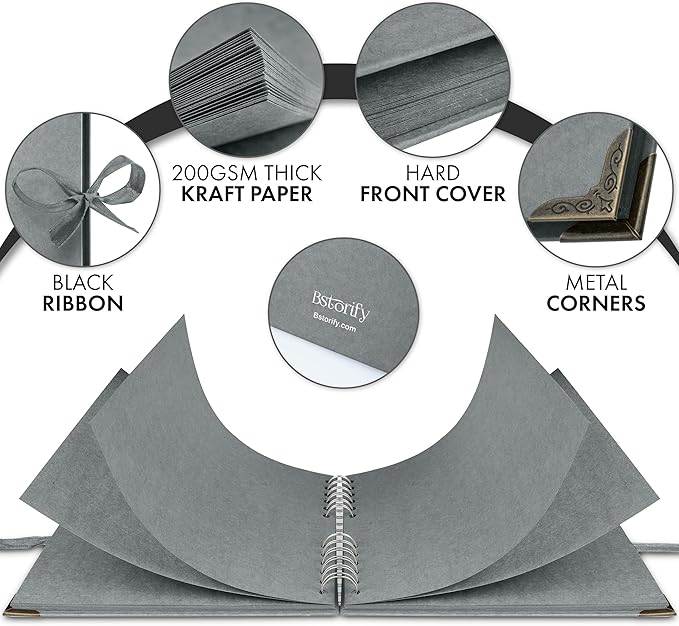 Bstorify Square Scrapbook Photo Albums 60 Pages (21 x 21 Cm) Grey Thick Paper, Hardcover, Metal Corners, Ribbon Closure - Ideal for Your Scrapbooking Albums, Art & Craft Projects (Grey, 21 x 21 Cm)