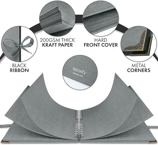 Bstorify Square Scrapbook Photo Albums 60 Pages (21 x 21 Cm) Grey Thick Paper, Hardcover, Metal Corners, Ribbon Closure - Ideal for Your Scrapbooking Albums, Art & Craft Projects (Grey, 21 x 21 Cm)