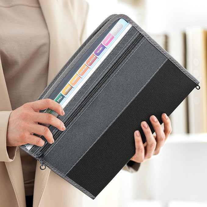 Sooez Accordion File Organizer with Safe Zipper, 8 Pocket Expanding File Folder with Front Pencil Pouch, Portable Monthly Paper Bill Tax Receipt Organizer, School Office Supplies, Letter Size, Grey