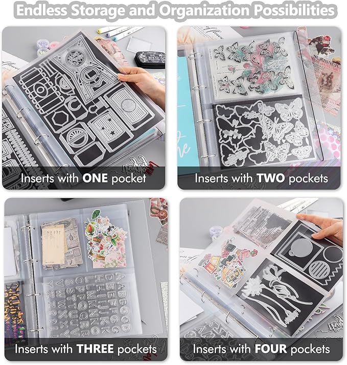10 Pack A4 Size Plastic Binder Pockets,4 Holes Waterproof PVC Folders Loose Leaf Bag forBudgeting Loose Leaf Bags Planner Insert Pouches Photo,Document, Stamp & Die Storage Bills Organizer (3 Grid)