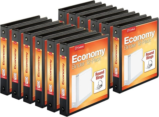Cardinal Economy 3-Ring Binders, 1.5", Round Rings, Holds 350 Sheets, Black, Carton of 12 & Economy 3 Ring Binder, 2 Inch, Presentation View, Black, Holds 475 Sheets, 4 Pack of Binders