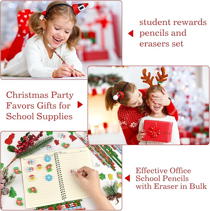 24 Pieces 3D Christmas Erasers and 24 Pieces Carton Christmas Pencils for Winter Holiday Day Cute Pencils for Christmas Goodie Bags Fillers Gifts School Classroom Rewards Supplies (Chritsmas Day)