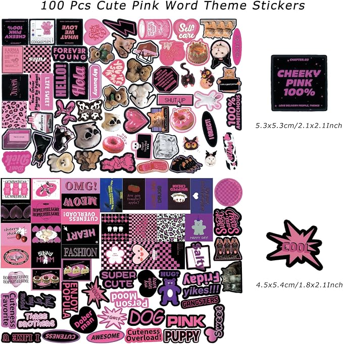 100 Pcs Cute Cartoon Pink Words Style Stickers for Scrapbooks,Cute Vinyl Stickers for Water Bottles Skateboard Notebooks Phone Kindle,Laptop Stickers for Kids Teens Adults Girls