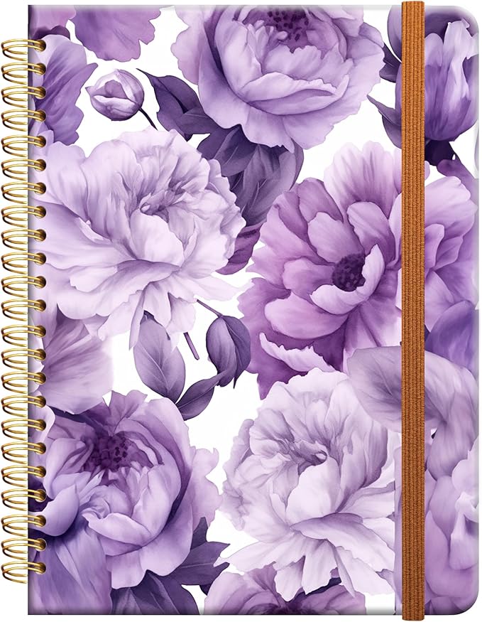 Ruled Spiral Writing Notebook,A5 Hardcover Lined College Journal for Women Lady Girl,Strong Twin-Wire Binding with Premium Paper,8.4" X 6",Perfect for School,Office,Home Gifts(purple floral)