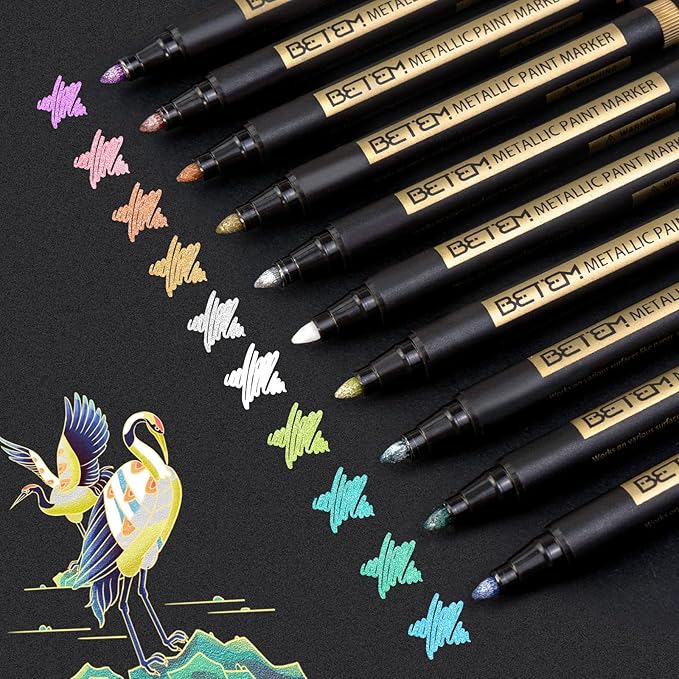 Betem Metallic Paint Markers, 10 Colors Acrylic Paint Markers for Black Paper, 2mm Medium Tips Metallic Glitter Pens for Scrapbooking, Rock Painting, Greeting Cards, Photo Albums, DIY Art Crafts