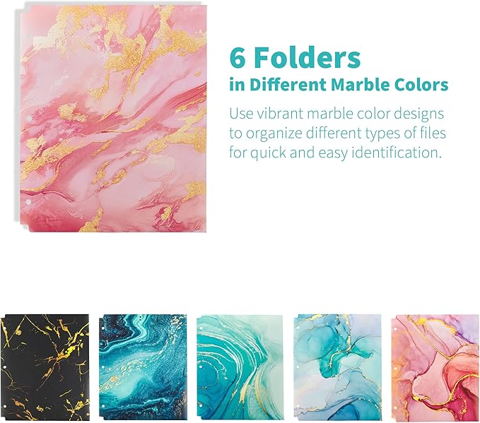 Binditek 6 Pack Heavyduty Plastic Folders with Pockets, Waterproof 2-Pocket File Folders with Card Slots, 6 Decorative Marble Color Designs, 3-Hole Punched for Letter Size
