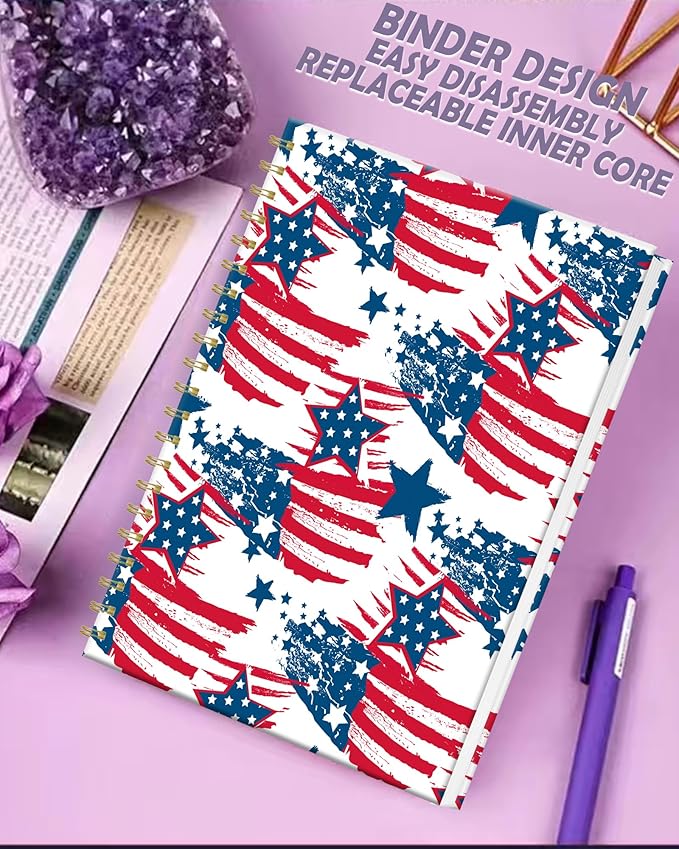 iampanda Spiral Journal Notebook,Strong Twin-Wire Binding with Premium Paper for Women,60 Sheets B5 College Ruled Notebook/Journal,Perfect for School Office Work,4th of July American Flag