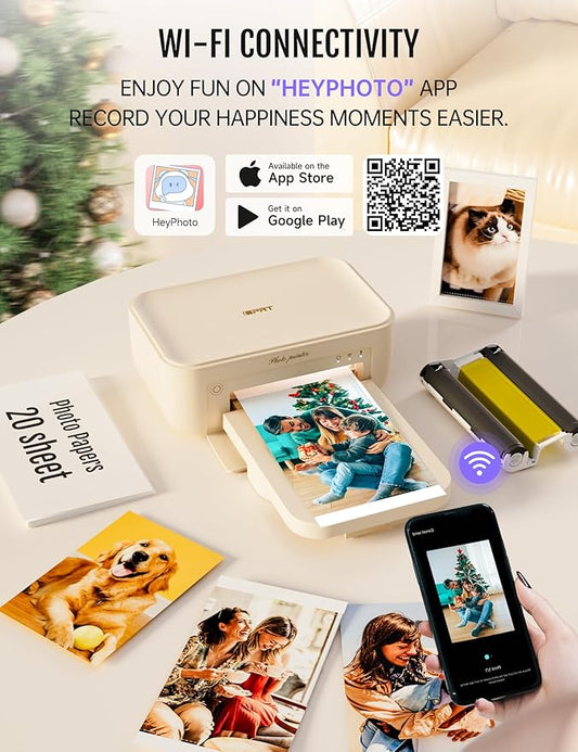 4x6 Photo Printer, CP4100 Photo Printer for iPhone & Android with 20 Sheets & 1 Cartridges, Instant Portable Photo Printers, Wi-Fi Wireless Picture Printer, Thermal Dye-Sublimation Ribbon, Beige