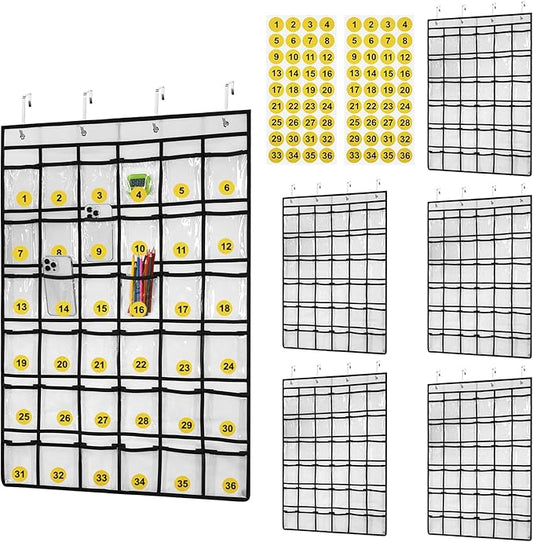 Berlune 6 Pcs 36 Pockets Classroom Pocket Charts for Cell Phones, Clear Pocket Chart Organizer with Number Stickers for School Teacher Classroom Cell Phones Calculator Holder, 37.8 x 26.4 Inches