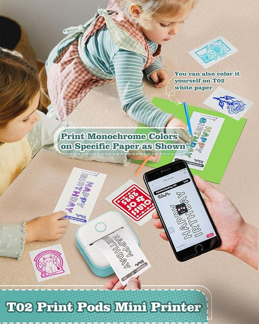 Memoking Sticker Printer - T02 Mini Printer Print Pods Portable Thermal Inkless Sticker Maker Machine Bluetooth Pocket Impresora Portátil Instant Print for Notes, Anatomical Diagrams, Journal,DIY,Gift