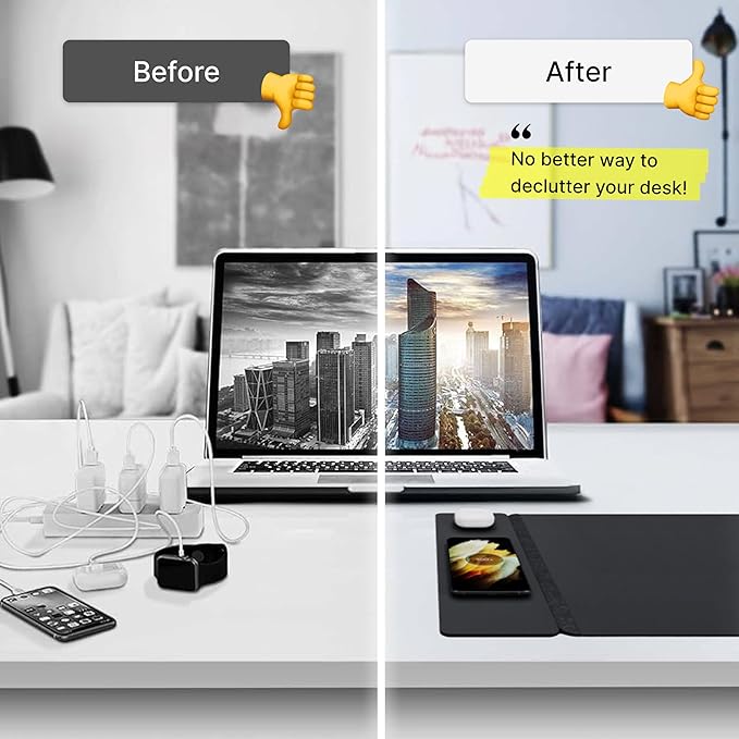 Wireless Charging Desk Pad, Large Non-Slip Reversible Felt & Vegan PU Leather Desk Mat, Waterproof, Detachable Magnetic Panel - Organize, Charge 2 Devices, Apple & Android Compatible - Black