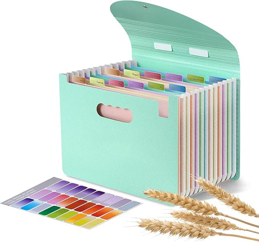 13 Pocket Accordion File Organizer,Wheat Straw Expanding File Folder with Index Tabs and Colorful Inner Design,A4/Letter Paper Document Storage Organizer for Home School Office Supplies