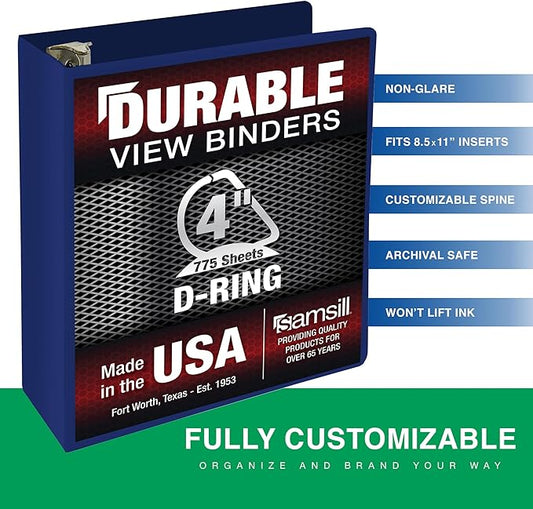 Samsill Durable 4 Inch Binder, Made in The USA, Locking D Ring Binder, Customizable Clear View Cover, Dark Blue, Holds 775 Pages
