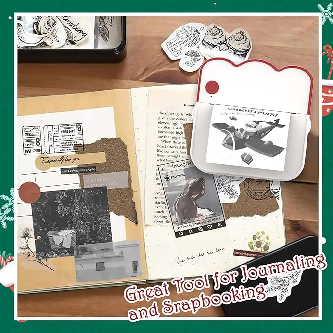 Christmas Mini Photo Printer - Portable Pocket Sticker Printers for iPhone Thermal Printer with 10 Rolls Thermal Paper for Photo, Memo, Journal - Red