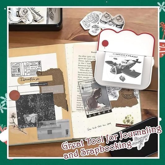 Christmas Mini Photo Printer - Portable Pocket Sticker Printers for iPhone Thermal Printer with 10 Rolls Thermal Paper for Photo, Memo, Journal - Red