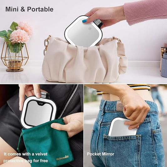 Mocado Compact Travel Makeup Mirror, 1X/10X Magnifying Mirror with Light, Double Sides Compact Mirror with 3 Color Light, Dimmable Handheld Mirror, Rechargeable Travel for Purse,Pocket(Black)