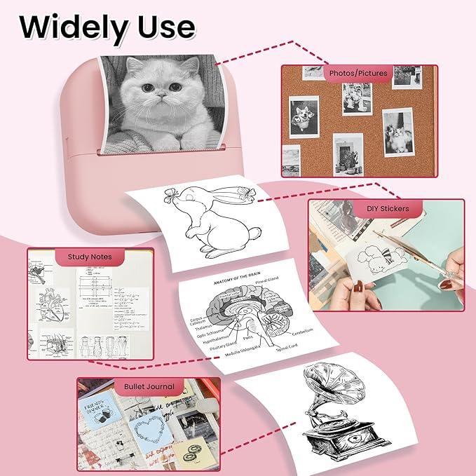 Inkless Sticker Printer, Print Pods Mini Printer Compatible with Phone & Tablet, Mini Sticker Printer with Stickers, M02L Portable Thermal Printer for Study Notes, Print Pictures & Photos, Journals