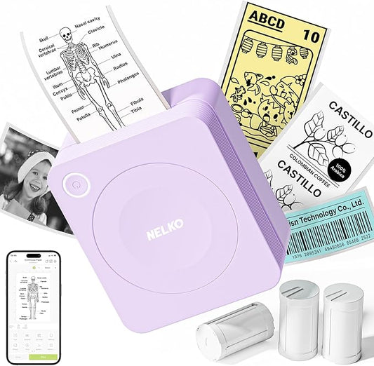 Nelko Sticker Printer, PM230 Print Pod Mini Bluetooth Portabel Sticker Maker with 3 Rolls Paper, Print Pods Mini Printer with Multiple Templates for Phone & Tablet，for School Office Home, Purple