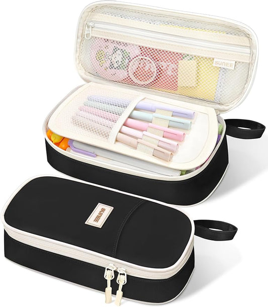 SUNEE Cute Pencil Case, Aesthetic Pen Pouch, Colored Large Pencil Bag with Zipper, Kawaii Stationery Storage and Organizer, Black School Supplies for Teen and Adult Girls