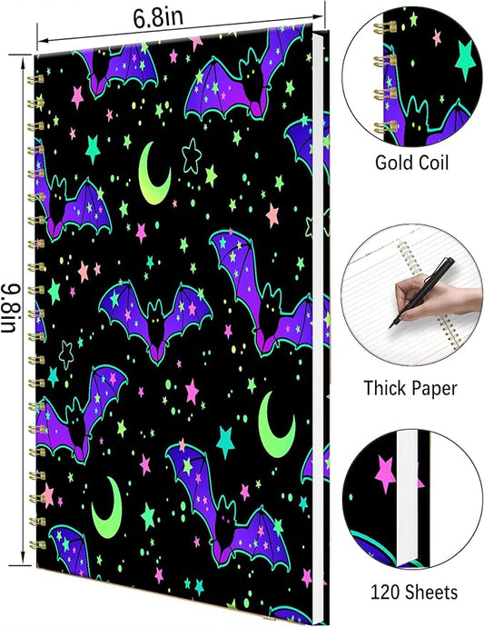 iampanda Spiral Journal Notebook,Strong Twin-Wire Binding with Premium Paper for Women,60 Sheets B5 College Ruled Notebook/Journal,Perfect for School Office Work,Purple Bats Star