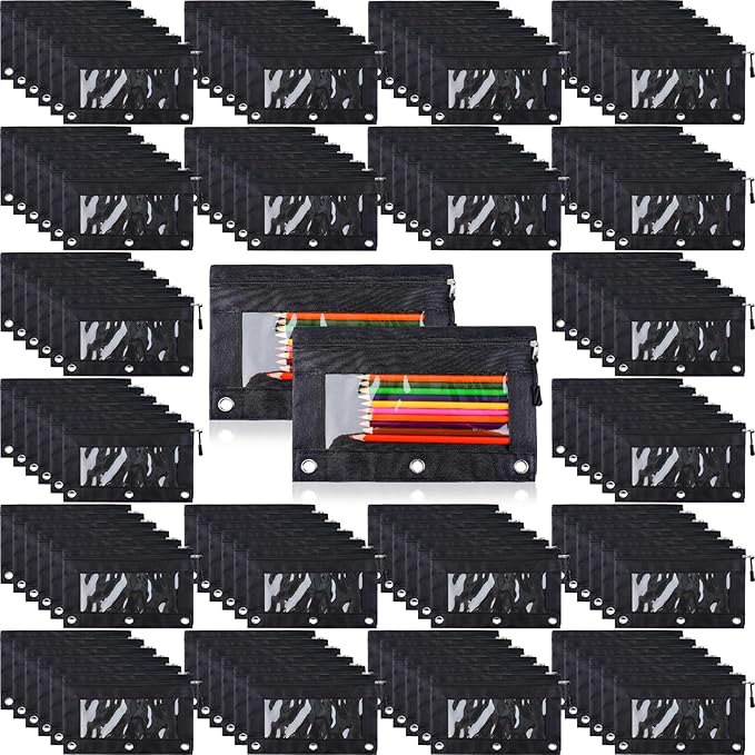 Zhehao 150 Pieces Zipper Binder Pencil Pouches 3 Ring Binder Pouches Zipper Pouches Case with Window Ring Binder Pencil Bags Case or Office School Students Supplies (1 Zipper,Black)