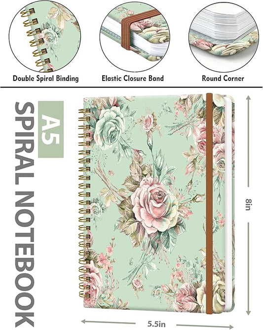 Spiral Journal Notebook for Women, Hardcover A5 College Ruled Notebook, 120 Pages, Thick Paper, Cute Lined Journal for School, Office & Work, 6 x 8.4 in(Vintage Flower)