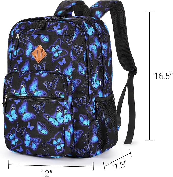 ZORFIN 26L Backpack for School, College, and Travel: Water Resistant Bookbag with 8 Compartments - Butterfly Black