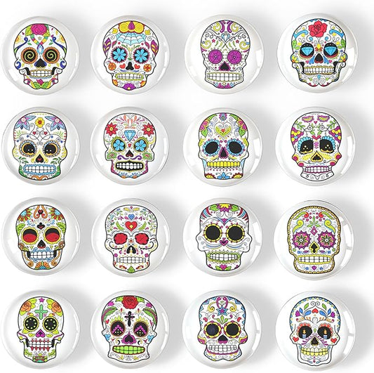 16psc Halloween Horror Fridge Magnets, Cute Fun Crystal Glass Strong Refrigerator Magnets for Locker Whiteboard Office (Sugar Skull)