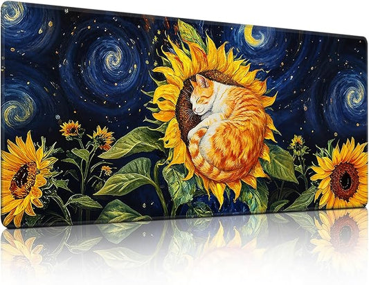 Sunflower Cat Gaming Mouse Pad, Starry Sky Cute Orange Cat Mousepad - Large Non-Slip Desk Mat for Office, PC, Laptop - 35.5"x15.7" x 3mm
