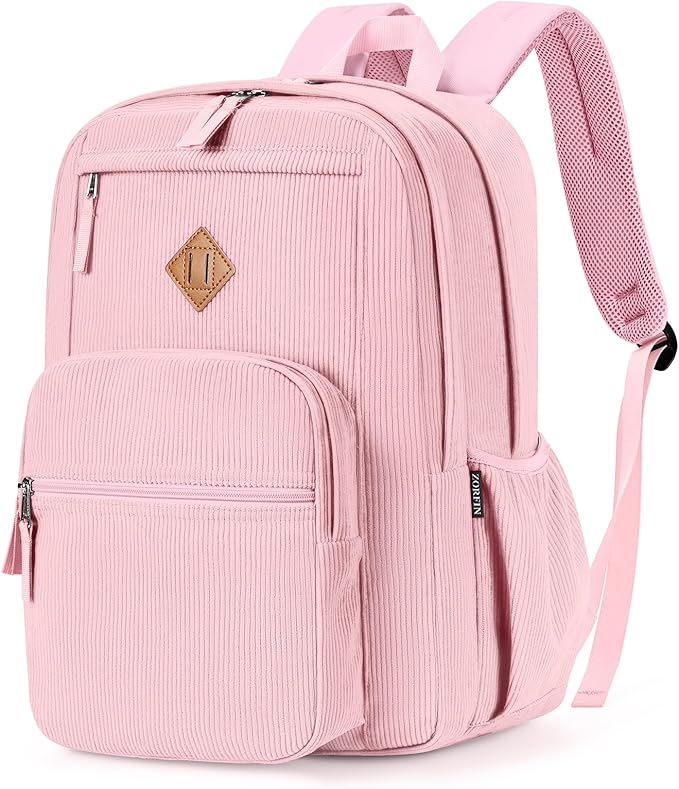 ZORFIN 26L Backpack for School, College, and Travel: Corduroy Bookbag with 8 Compartments - Light Pink