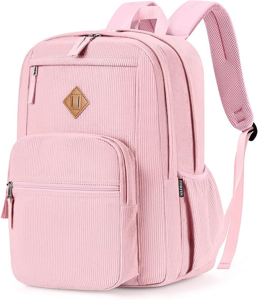 ZORFIN 26L Backpack for School, College, and Travel: Corduroy Bookbag with 8 Compartments - Light Pink