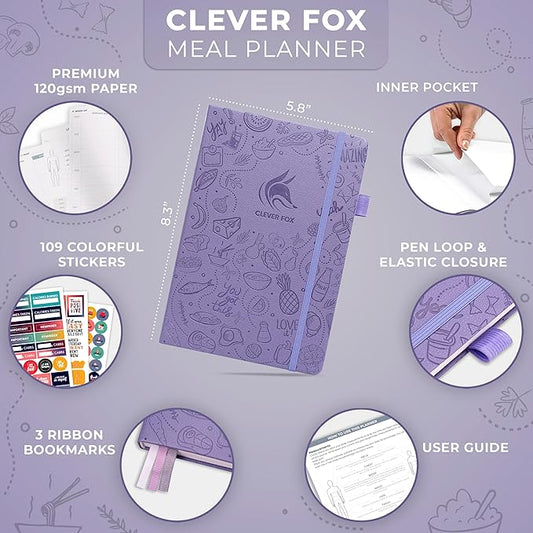 Clever Fox Weekly Meal Planner - Weekly & Daily Meal Prep Journal with Shopping and Grocery Lists for Menu Planning, Healthy Diet & Weight Loss Tracking, Lasts 1 Year, Undated, A5 - Lavender