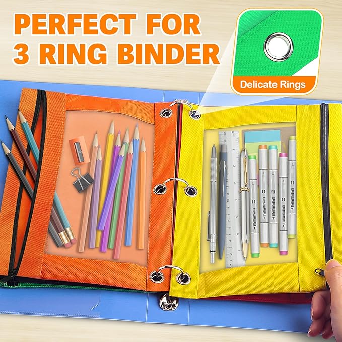 Pencil Pouch for 3 Ring Binder, 36 Packs Zipper Pencil Pouch Bulk in 6 Colors, Pencil Case for Binder with Clear Window for School, Home and Office