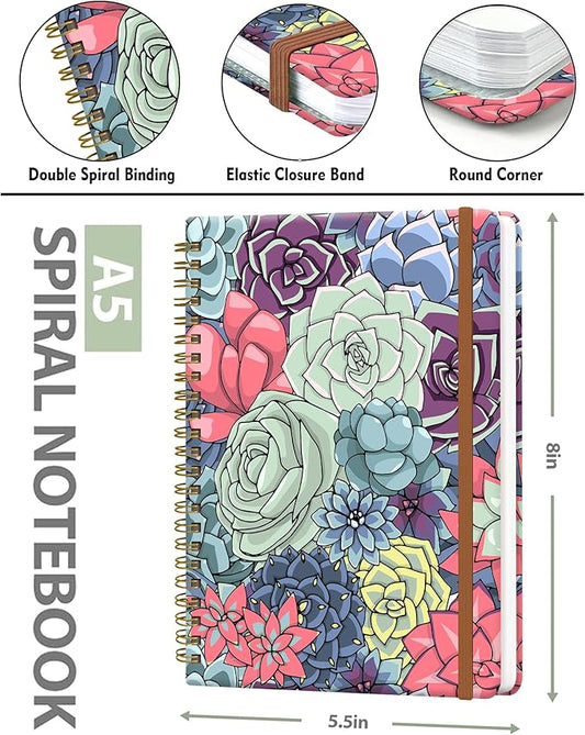 Spiral Journal Notebook for Women, Hardcover A5 College Ruled Notebook, 120 Pages, Thick Paper, Cute Lined Journal for School, Office & Work, 6 x 8.4 in(Cute Succulents Plant)