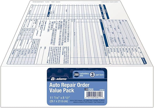 Adams Garage Repair Order Forms, 8.5 x 11 Inch, 3 Parts, 250-Count, White and Canary and White Tag (GT3811)