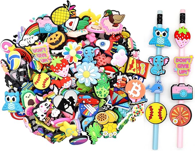 Papacharms Lot Random Different Decorative Pencil Toppers 40Pack Cute Cool Pencil Charms Clips Bulk PVC Pen Topper for School Prize Classroom Reward Student Gifts