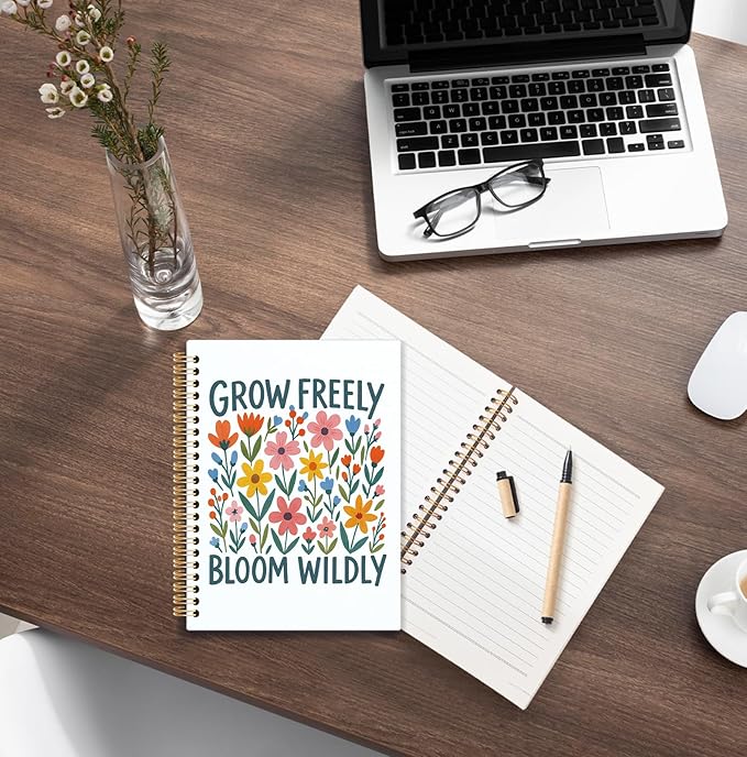 KRHFG Boho Floral Inspirational Spiral Notebook, Inspirational Gifts for Women Journal, Grow Freely Bloom Wildly Floral Motivational Therapy Notebooks, Boho Office Supplies, 5.5x8.3 Inch