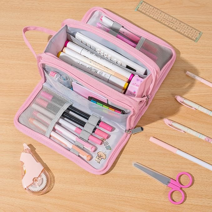 Sooez Large Pencil Case, Big Capacity Pencil Pouch Pen Bag with 3 Compartment, Portable Canvas Stationery Organizer with Zipper, Cute Aesthetic School Supplies for Teen Girls, Sky Blue with Plaid
