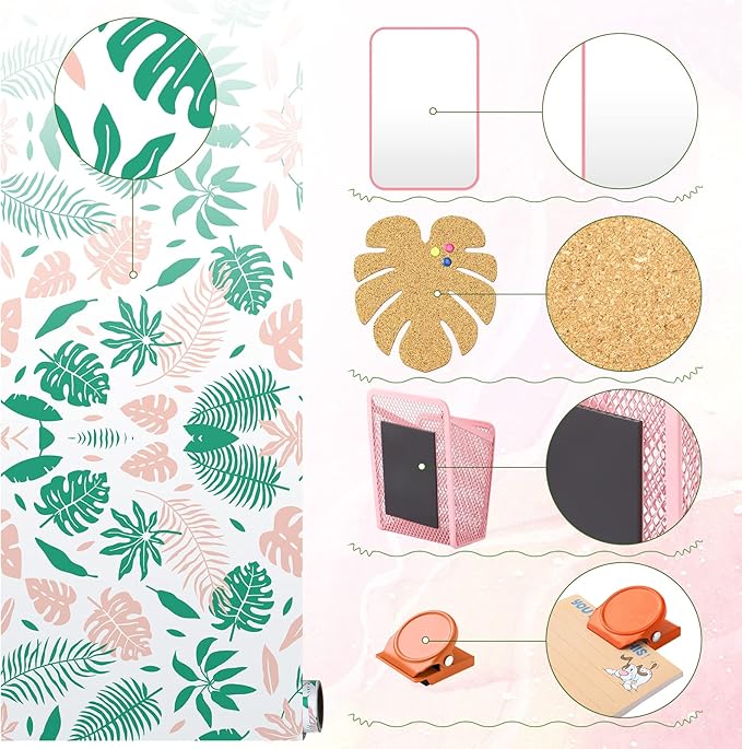Harloon 15 Pcs Locker Decoration and Organizer Kit Locker Wallpaper Magnetic Pen Holder and Mirror Whiteboard Marker Cork Board with 3 Push Pins 3 Magnetic Clip 6 Magnets(Palm Leaf)