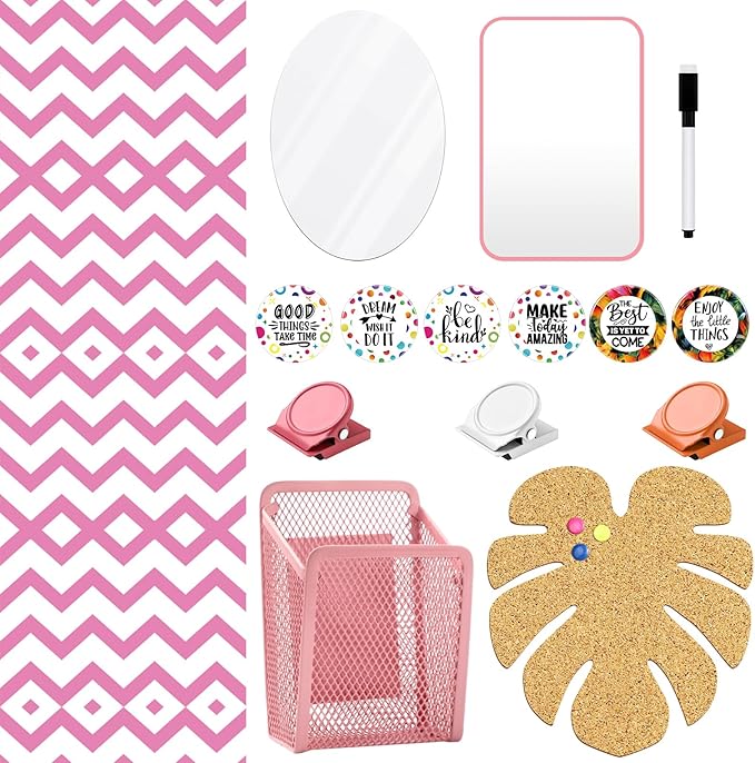 Harloon 15 Pc Locker Decoration & Organizer Kit - Tropical Locker Wallpaper, Pen Holder, Mirror, Whiteboard Marker, Cork Board with 3 Push Pins, 3 Magnetic Clips, 6 Magnets (Pink Wave)