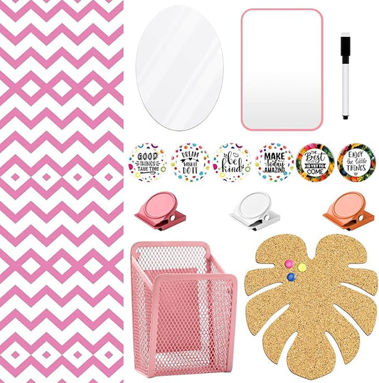 Harloon 15 Pc Locker Decoration & Organizer Kit - Tropical Locker Wallpaper, Pen Holder, Mirror, Whiteboard Marker, Cork Board with 3 Push Pins, 3 Magnetic Clips, 6 Magnets (Pink Wave)